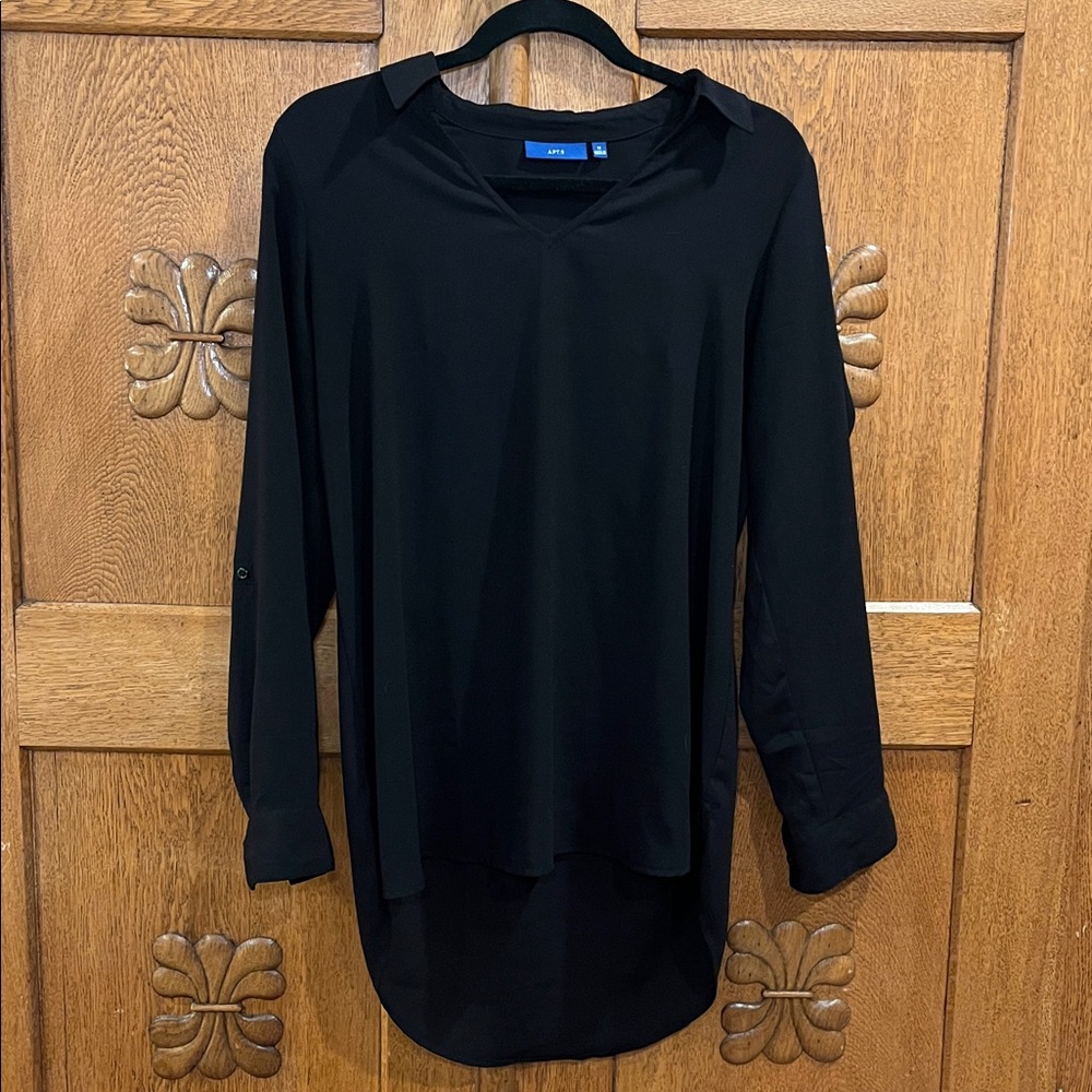 Apt. 9 Black Collated V-Neck Roll-Sleeve Low-High Hem Tunic-Top (medium)